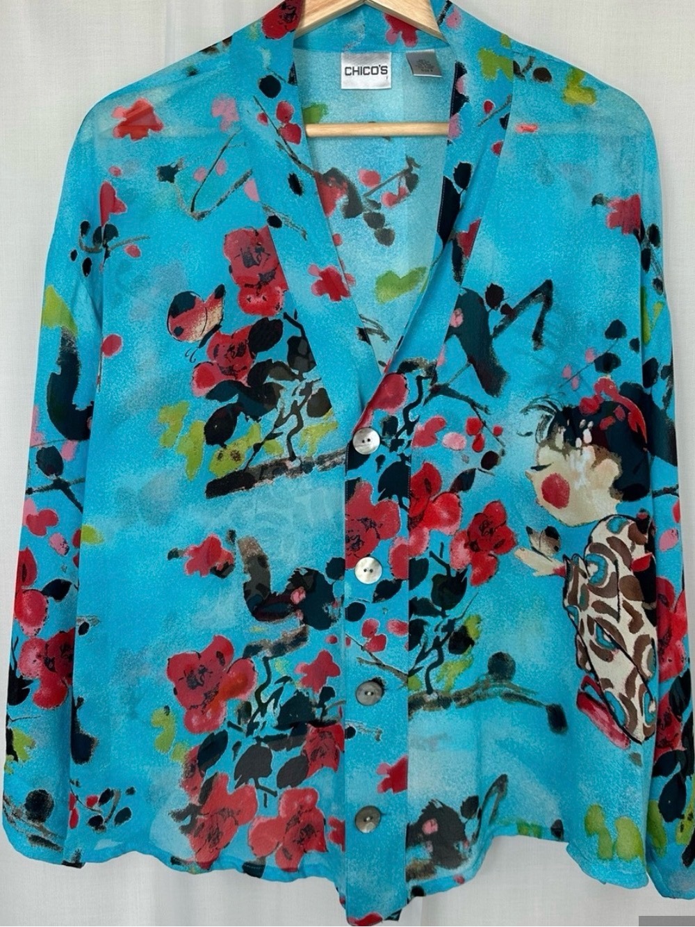 Vintage Chicos 100% Silk Geisha Portrait Art To Wear Novelty Blouse Size 3/XL